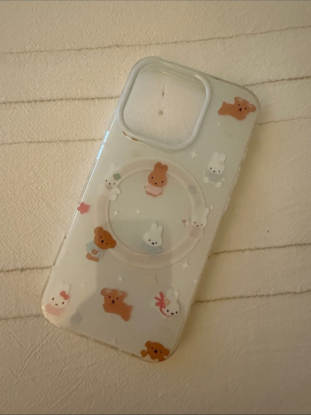 Cute Clear Miffy & Bear Pattern Phone Case with Ring Grip - White